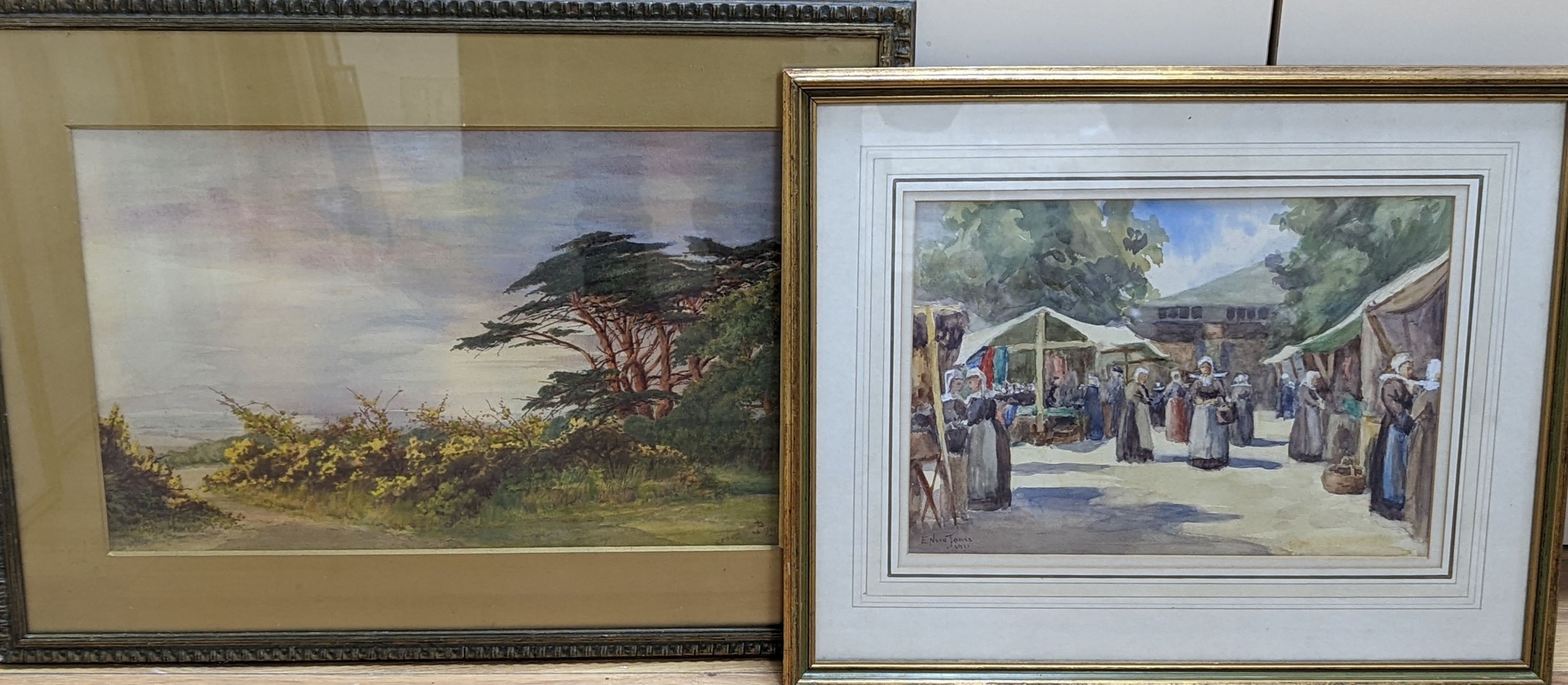 J. Piggott, watercolour, 'Epsom Downs, Evening 1901', 29 x 46cm and an E. Nora Jones, watercolour, Belgian market, dated 1911, 24 x 35cm